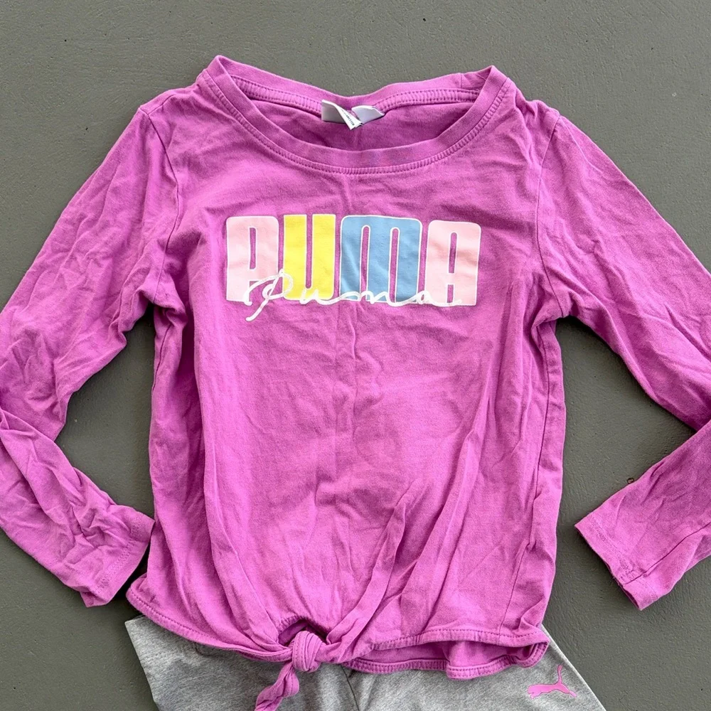 Puma Purple Long Sleeve Tie Front Top with Gray Leggings - Picture 2 of 5